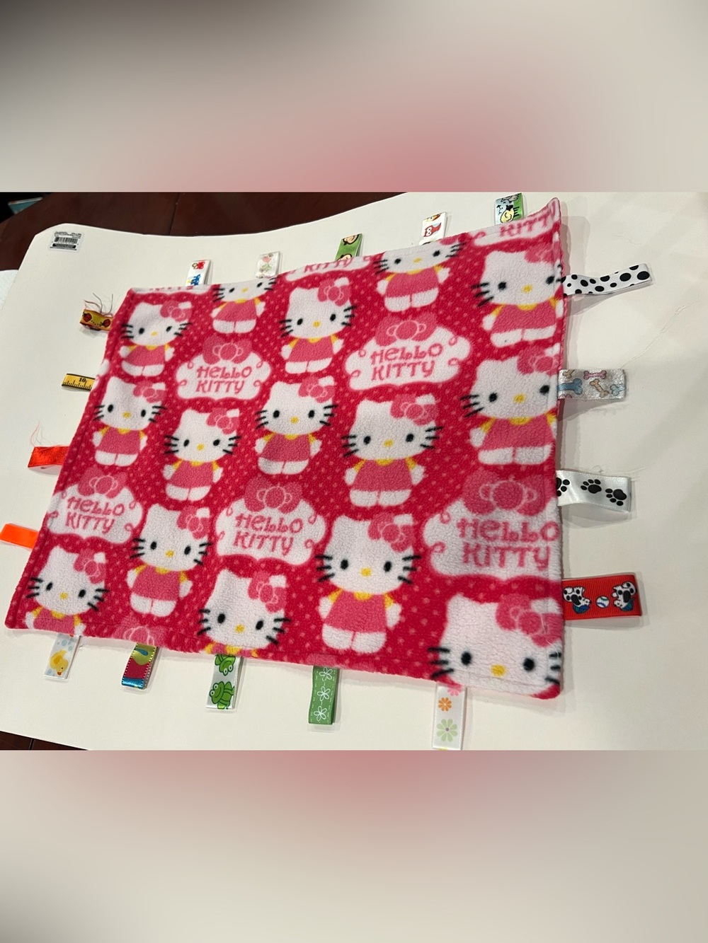 Hello Kitty Handmade Lovey Sensory Security Blanket Pink White Satin Trim 15x19